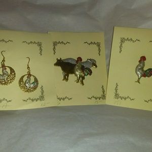 Handcrafted brass brooch and earrings Farm animals